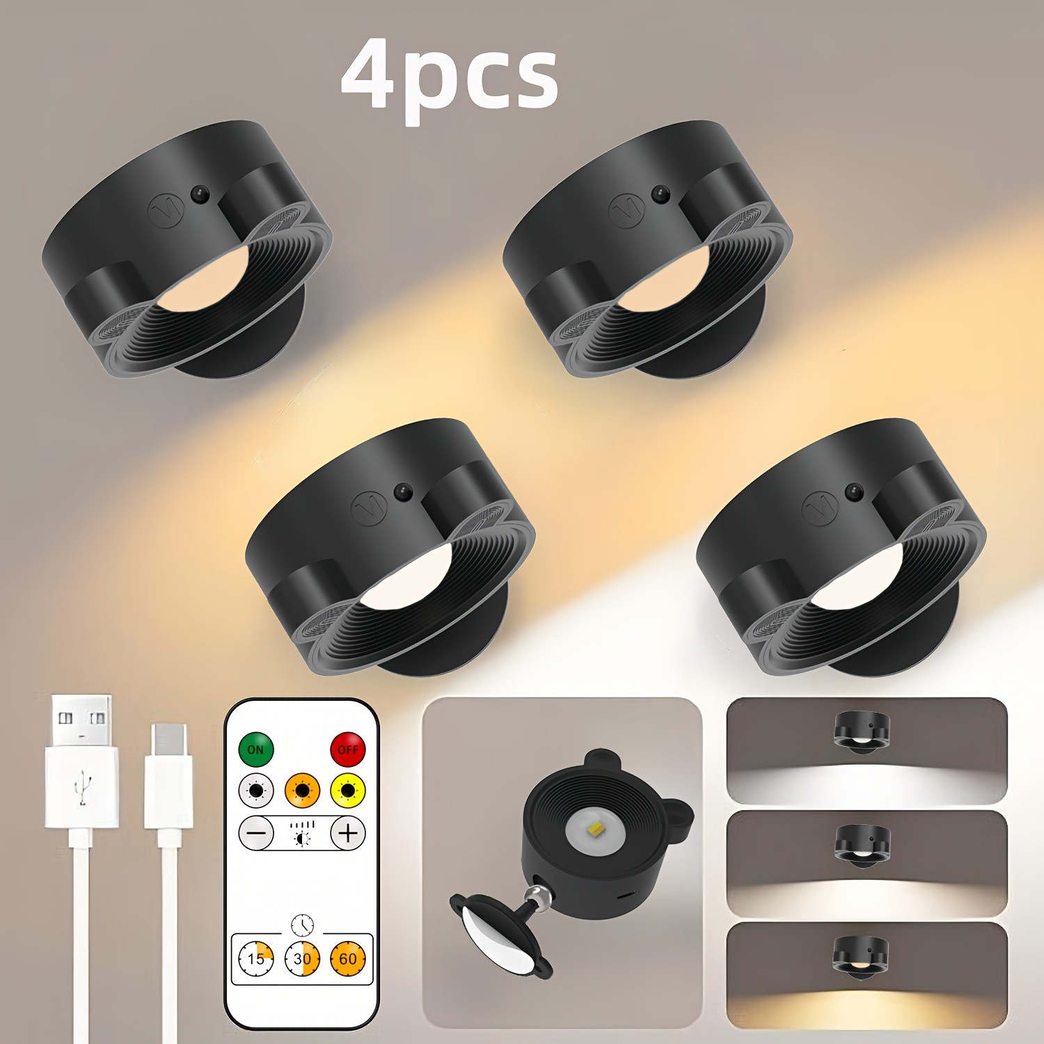 1/2/4pcs Rechargeable LED Wall Lamp