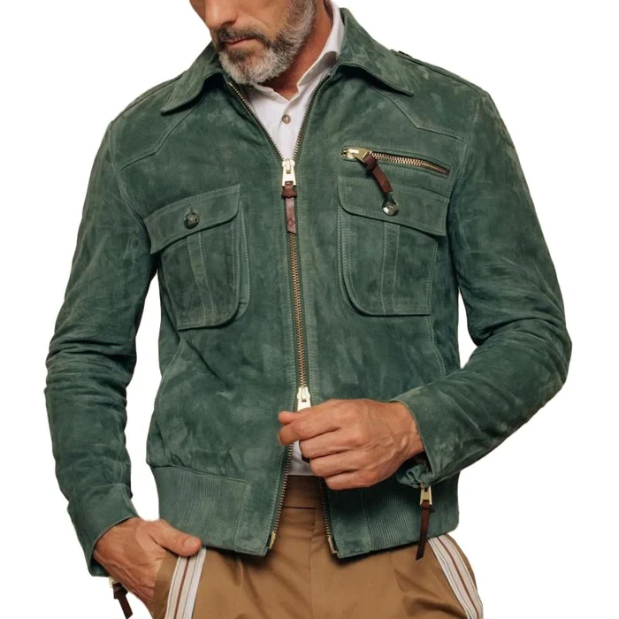 Men's Retro Lapel Zipper Breast Pocket Jacket