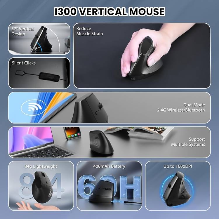 AJAZZ I300 Vertical Optical Mouse – Dual Wireless, Ergonomic, and Rechargeable