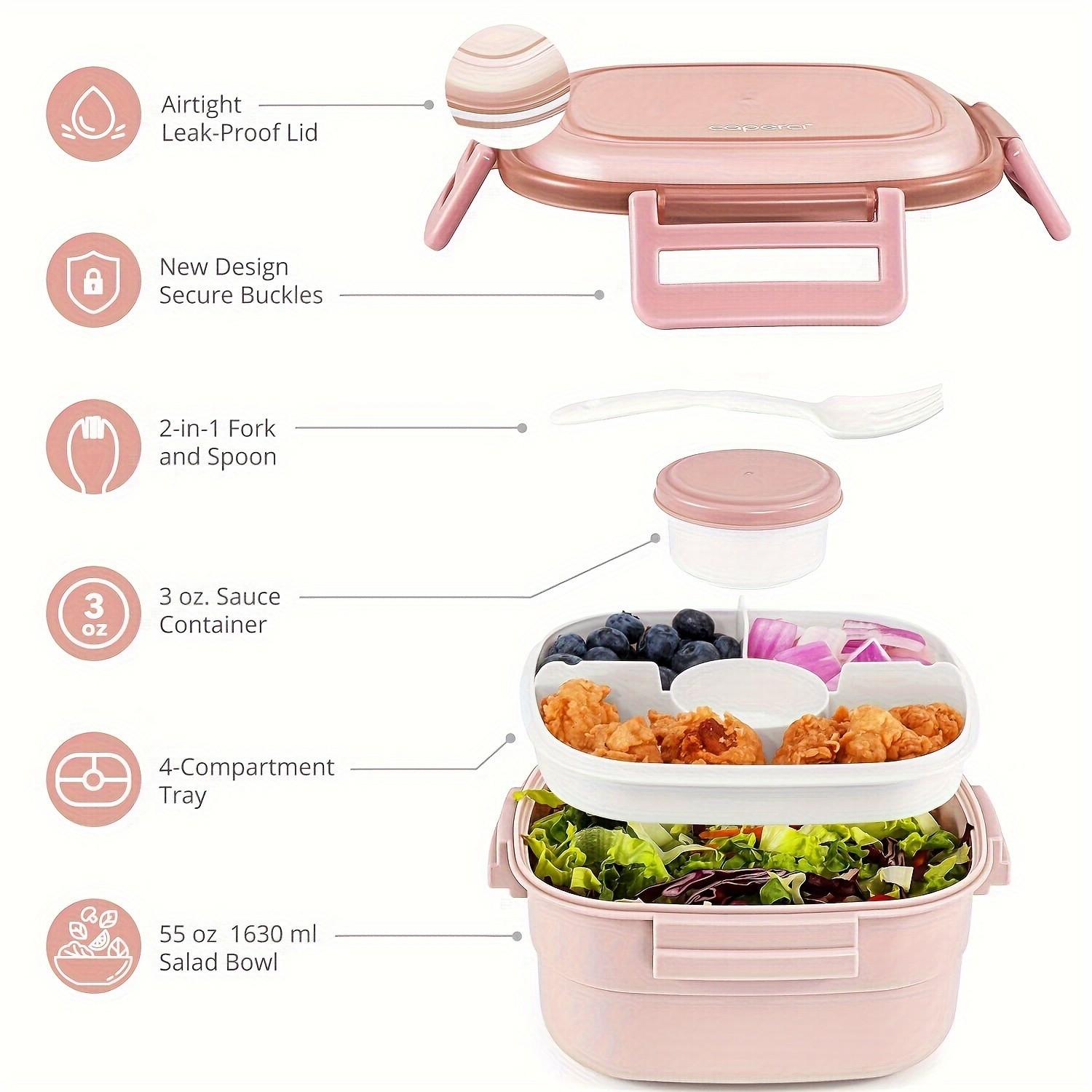 Caperci 55oz BPA-Free Salad Lunch Box with 4 Compartments