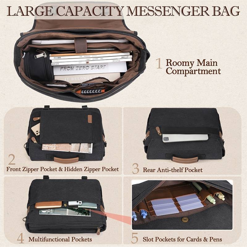 RAINSMORE Messenger Bag for Men – Vintage Canvas Laptop Briefcase for Work and Travel