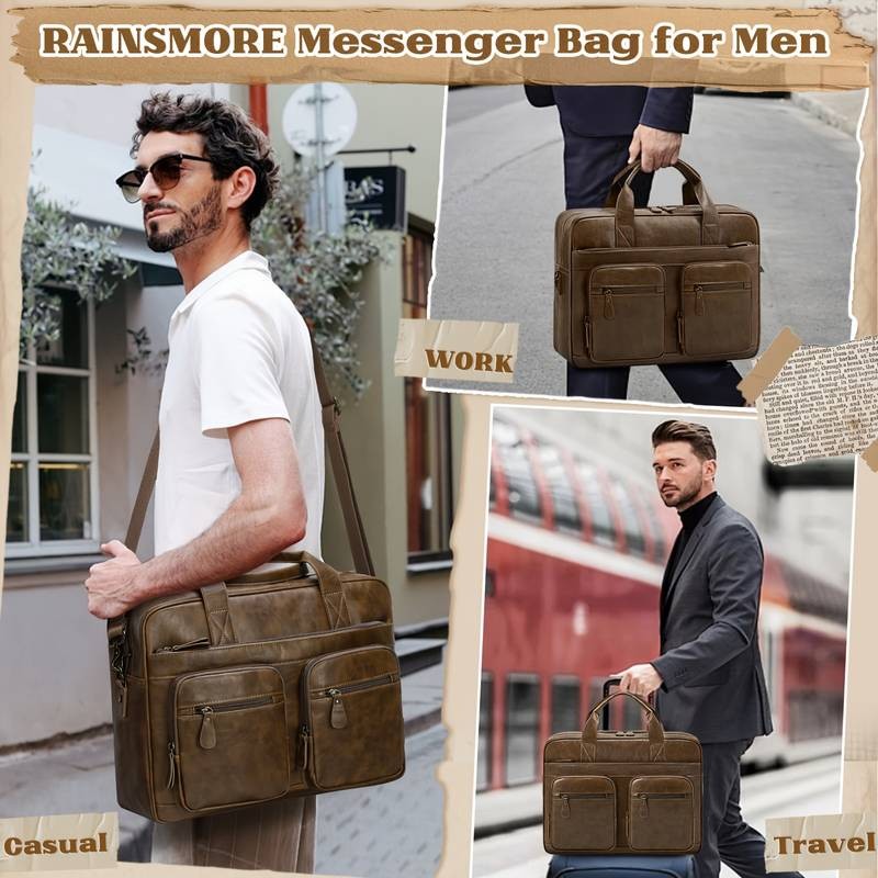 RAINSMORE Vintage Men's Messenger Bag – PU Leather Laptop & Notebook Bag for Business & Travel