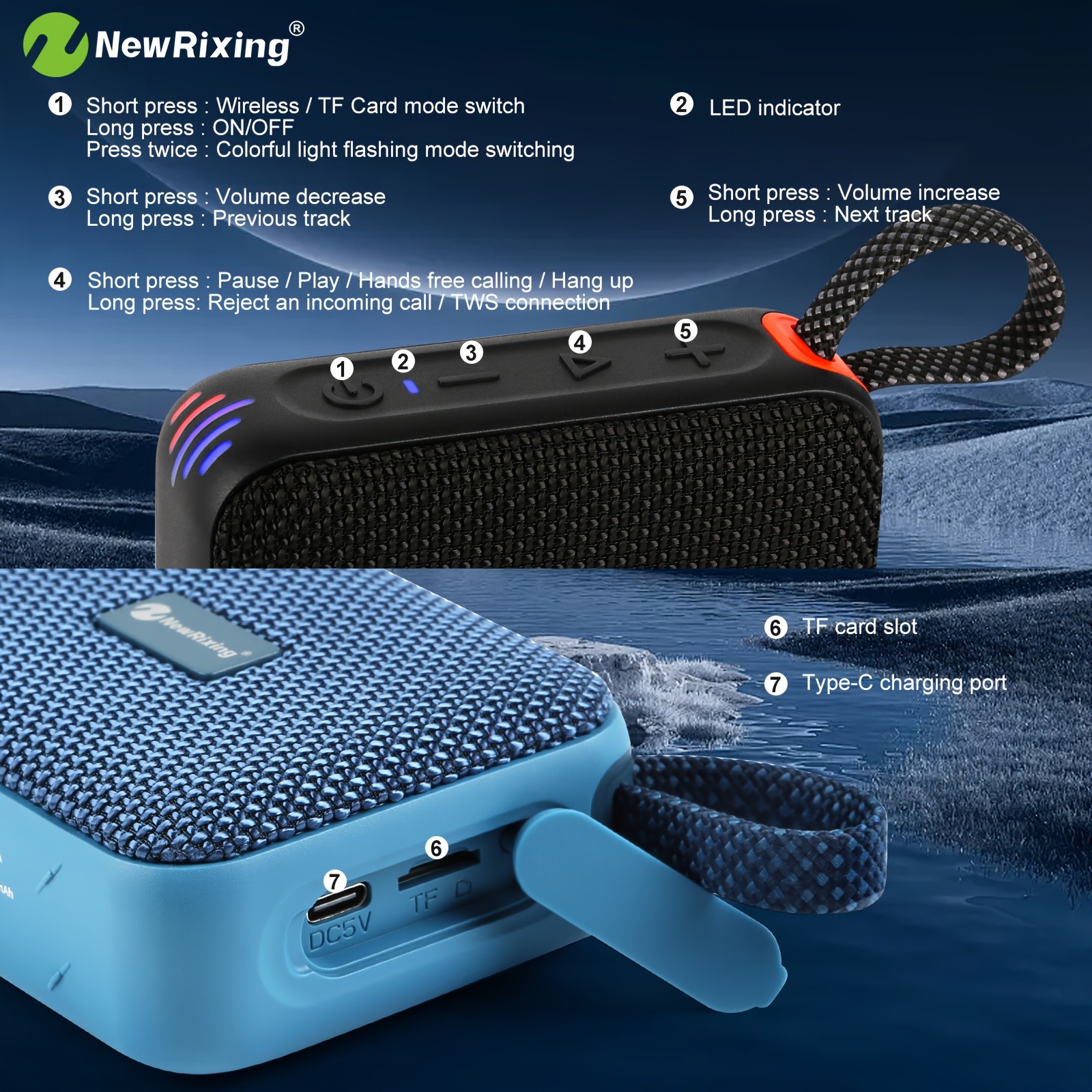 NewRixing Wireless Speaker with IPX7