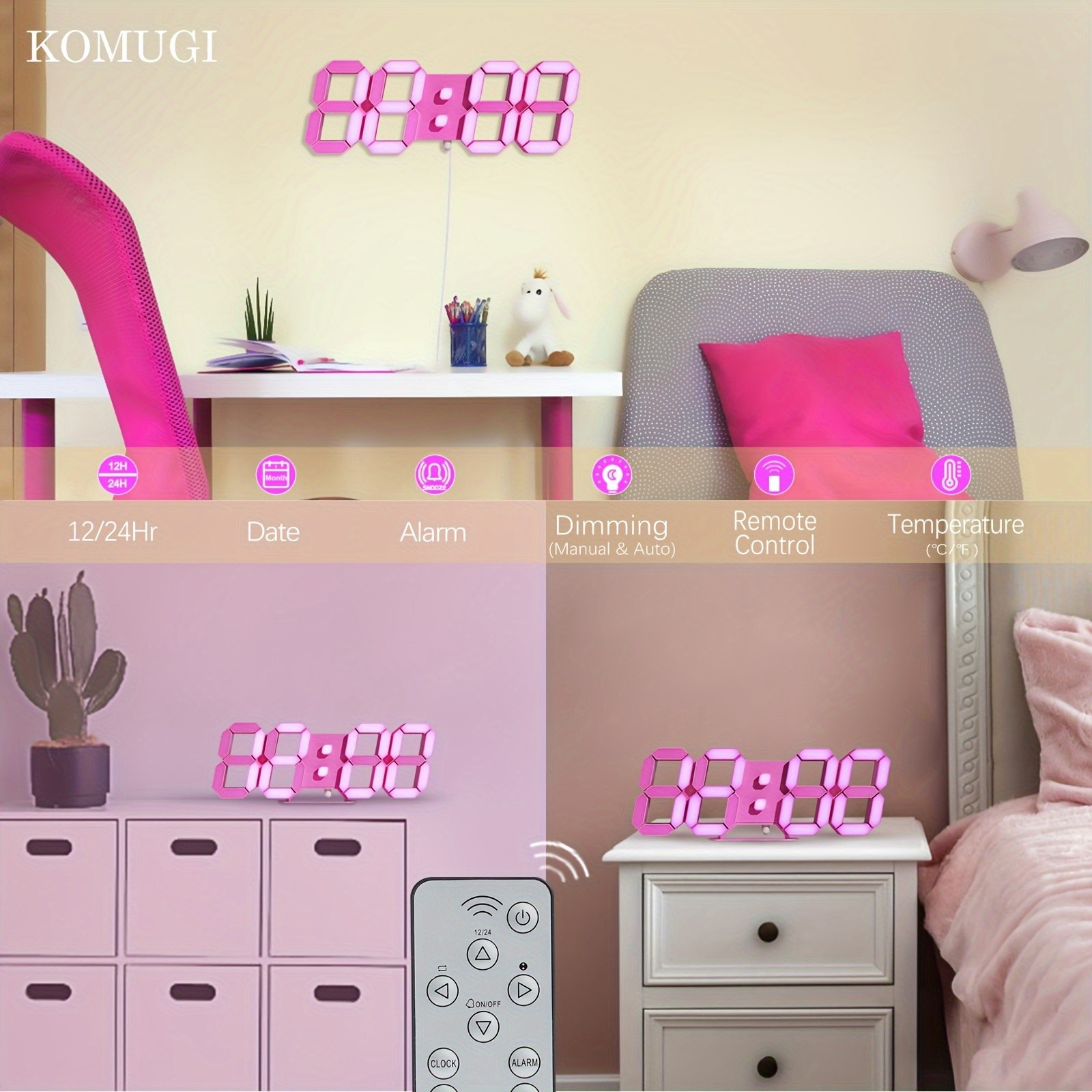 KOMUGI Pink LED Clock