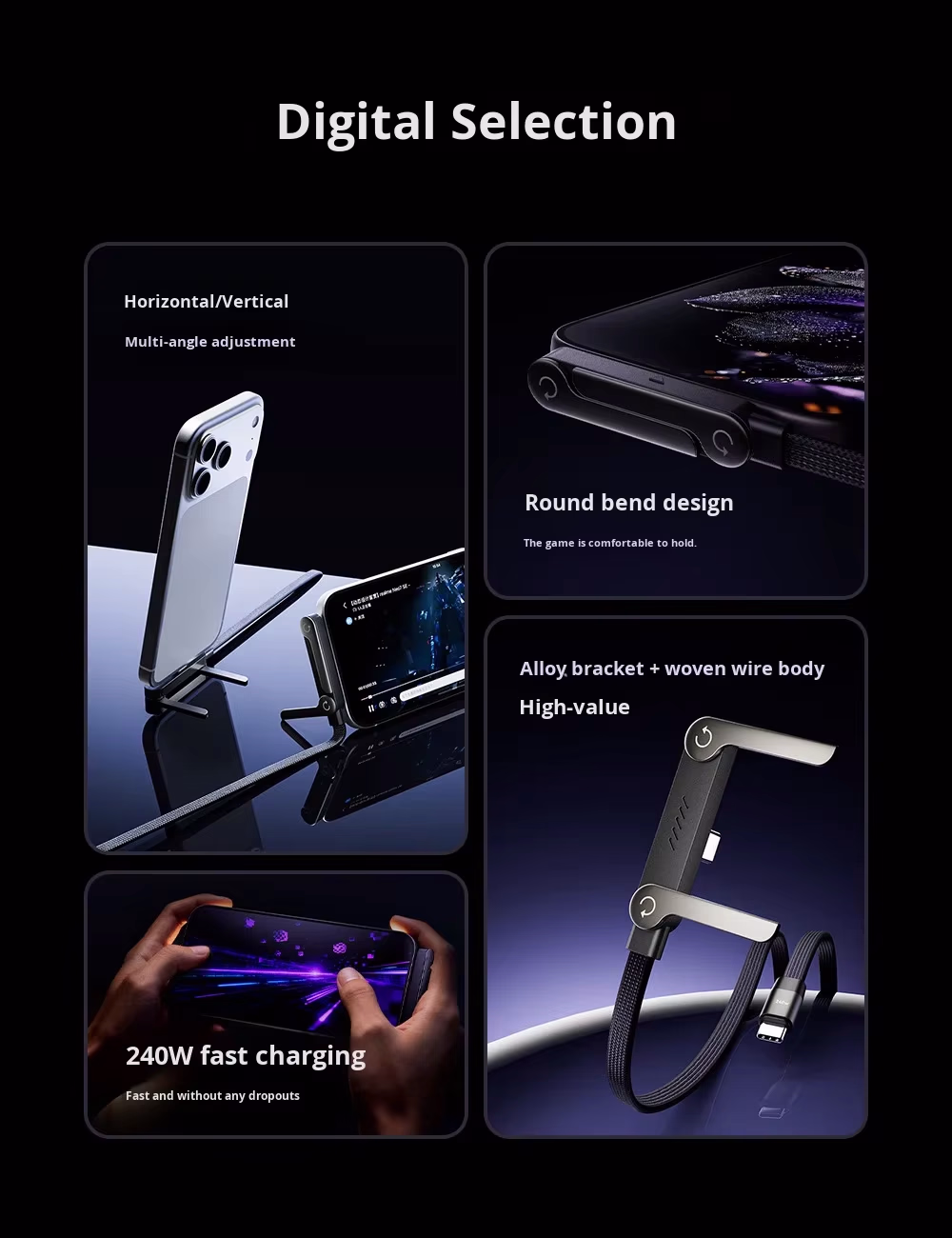 2-in-1 Invisible Holder Charger Cable - 240W Fast Charging Cord with Built-In Phone Stand