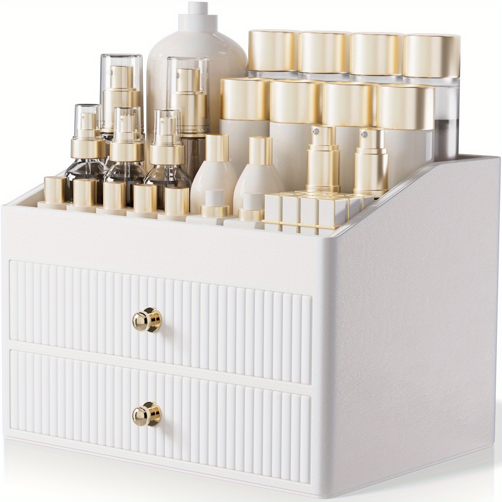 LADSTAG Luxury & Golden Dual Drawer Makeup Organizer with Tiered Tray