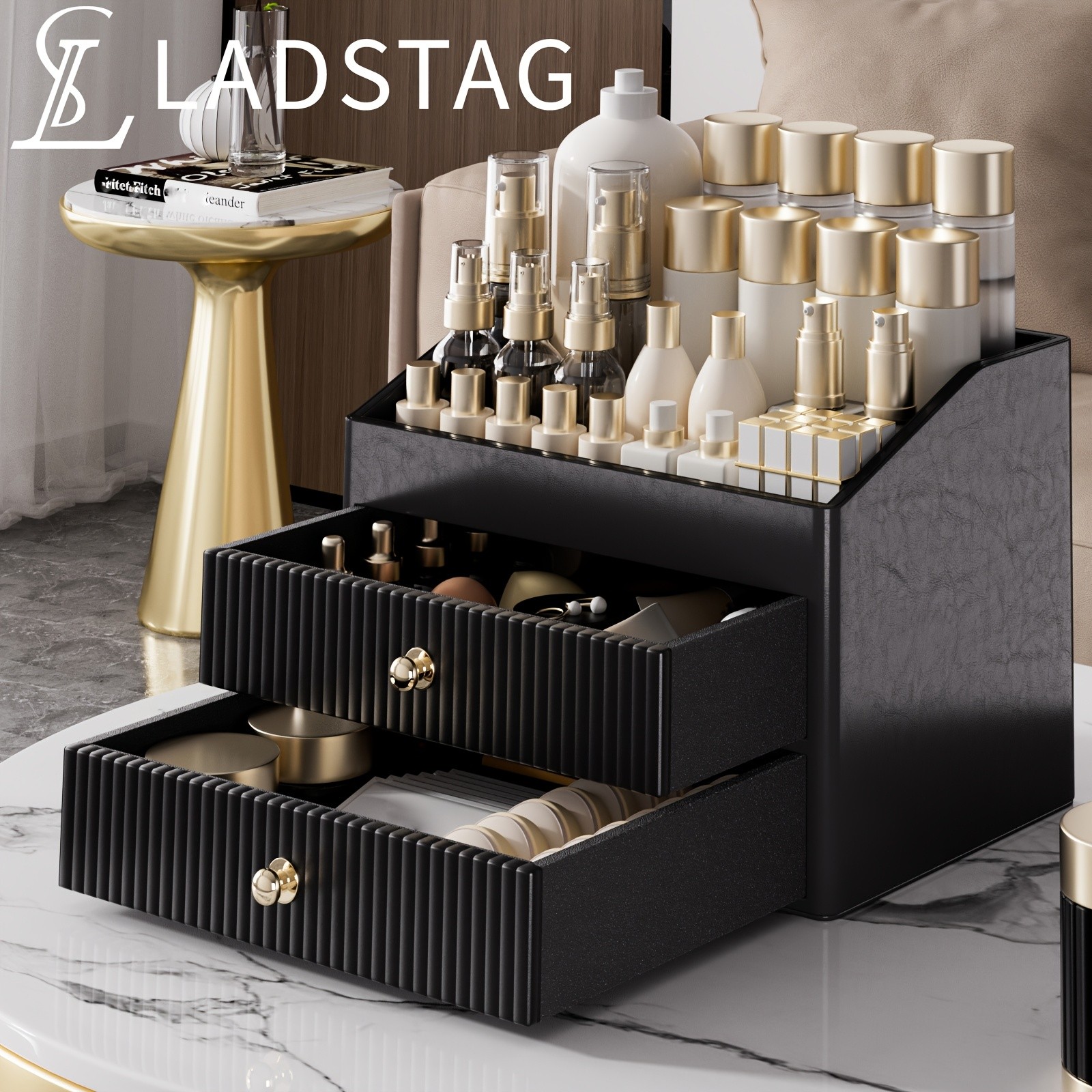 LADSTAG Luxury & Golden Dual Drawer Makeup Organizer with Tiered Tray