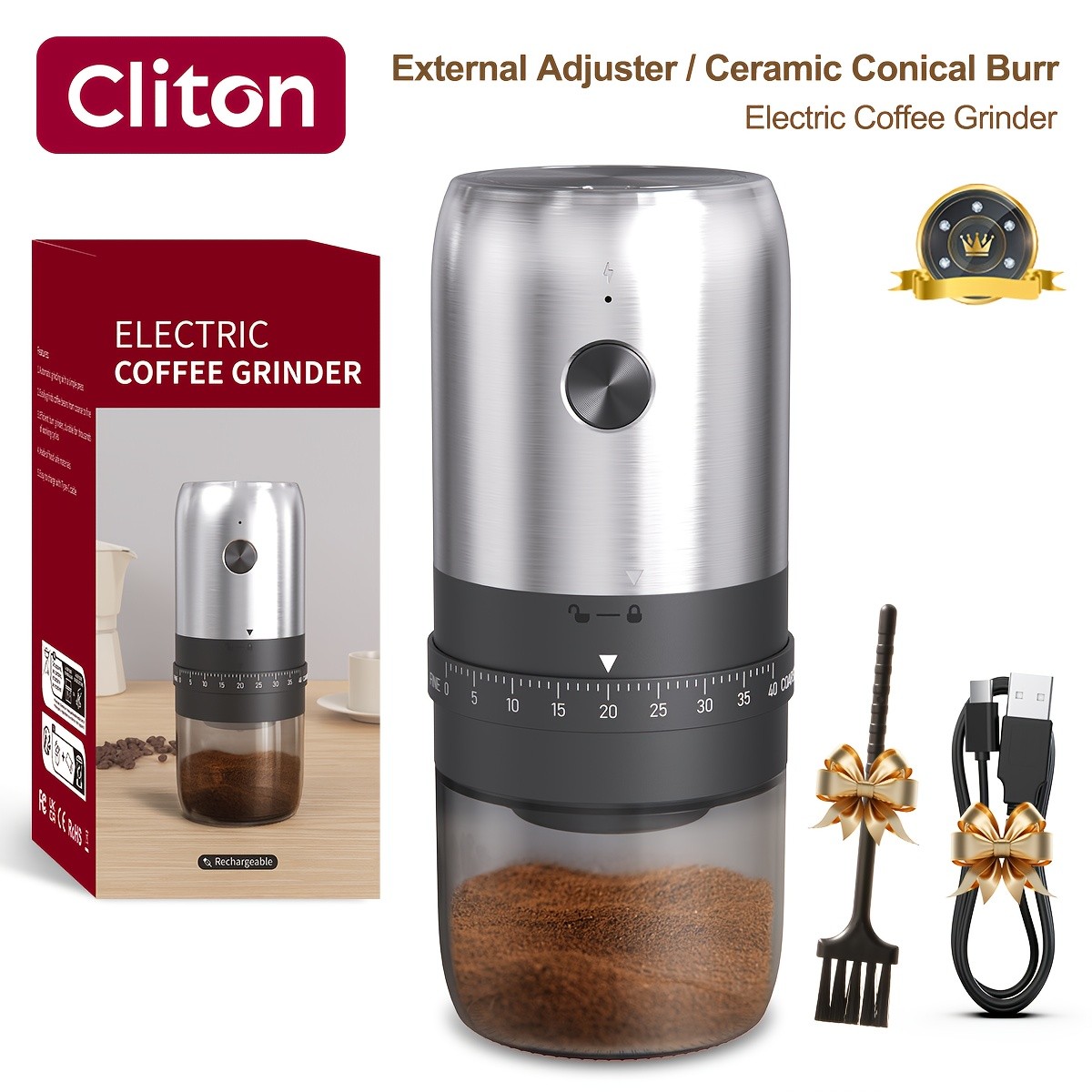 CLITON Rechargeable Electric Coffee Bean Grinder