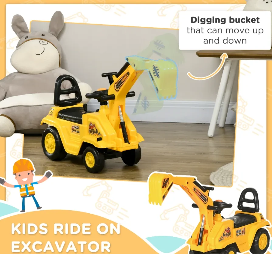 3-in-1 Ride On Excavator Digger Scooter & Pulling Cart, Construction Pretend Play Toy For Kids