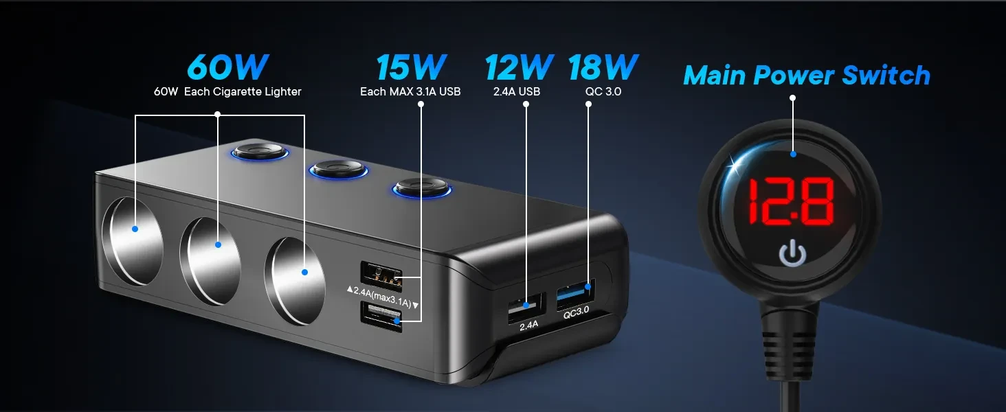 Car Charger Splitter 200W 3 Socket Cigarette Lighter Adapter With PD30W USB-C Multi USB Car Charger DC Outlet