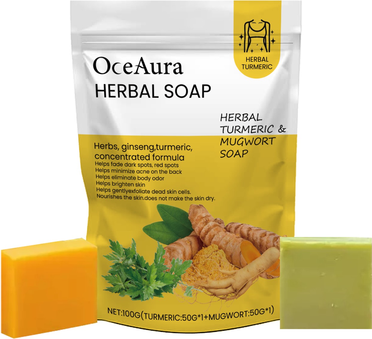 Oceaura Herbal Soap – Turmeric & Mugwort Soap for Dark Spots, Acne & Skin Brightening