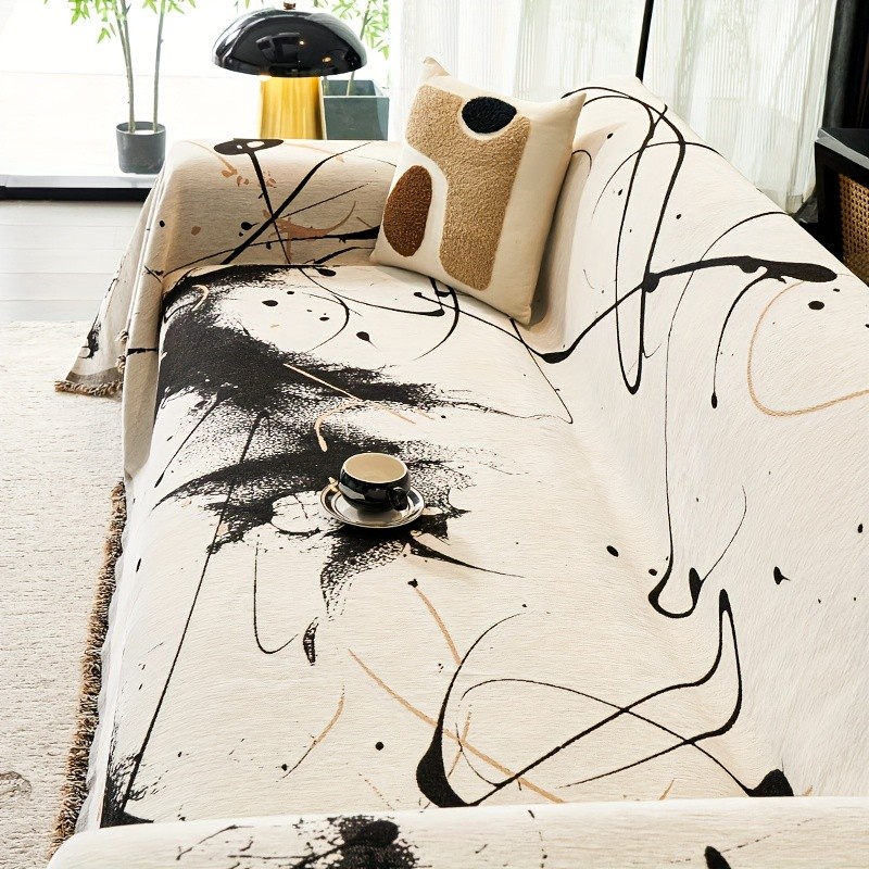 TIANXINBAOBEI Modern Ink Painting Pattern Sofa Cover Towel – 100% Polyester, Pet-Friendly, Dustproof Slipcover for Armchairs, Loveseats, 3-Seater, and 4-Seater Sofas
