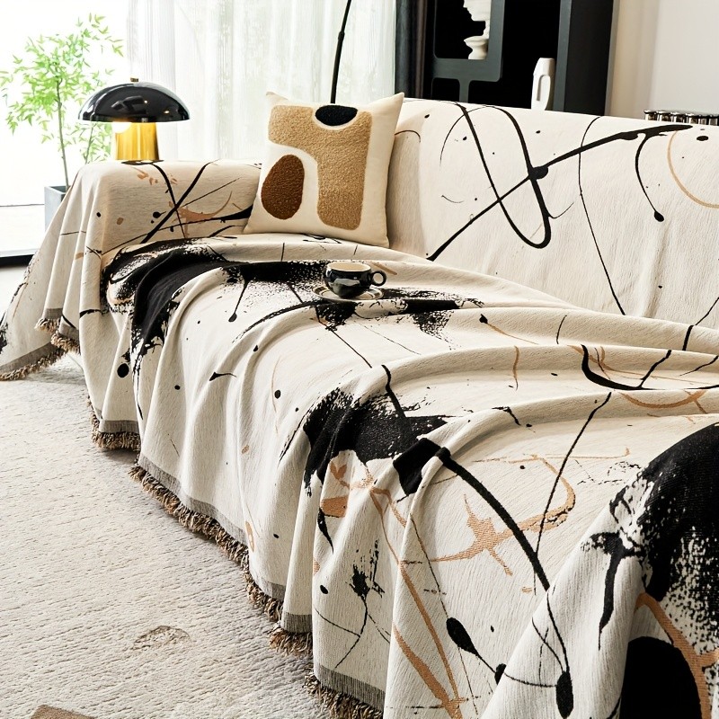 TIANXINBAOBEI Modern Ink Painting Pattern Sofa Cover Towel – 100% Polyester, Pet-Friendly, Dustproof Slipcover for Armchairs, Loveseats, 3-Seater, and 4-Seater Sofas