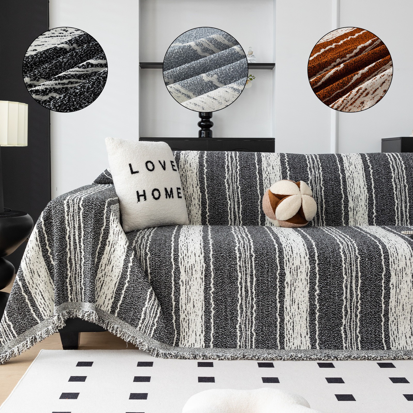 ZICHENHOME Black and Striped Sofa Cover with Tassels