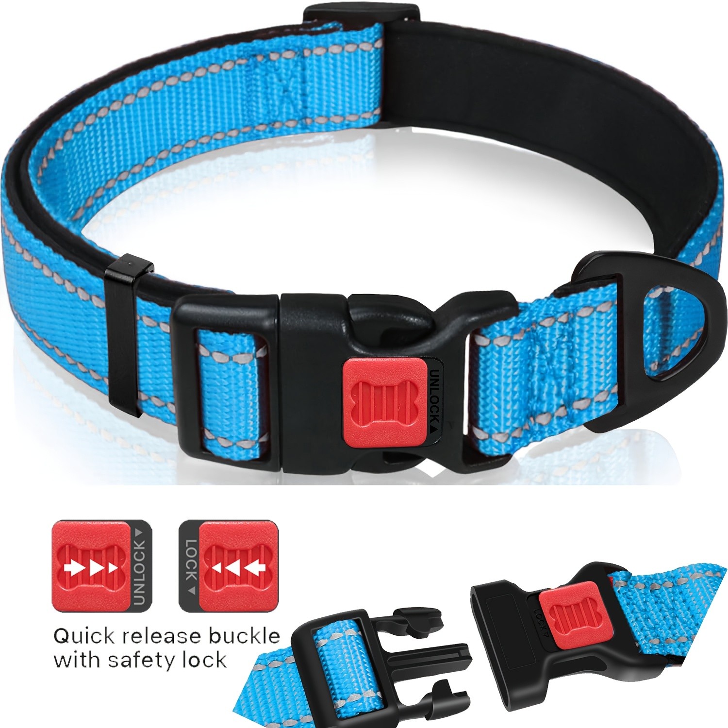 TAGLORY Reflective Dog Collar with Safety Lock + 4.88 Meter Retractable No-Tangle Leash Set