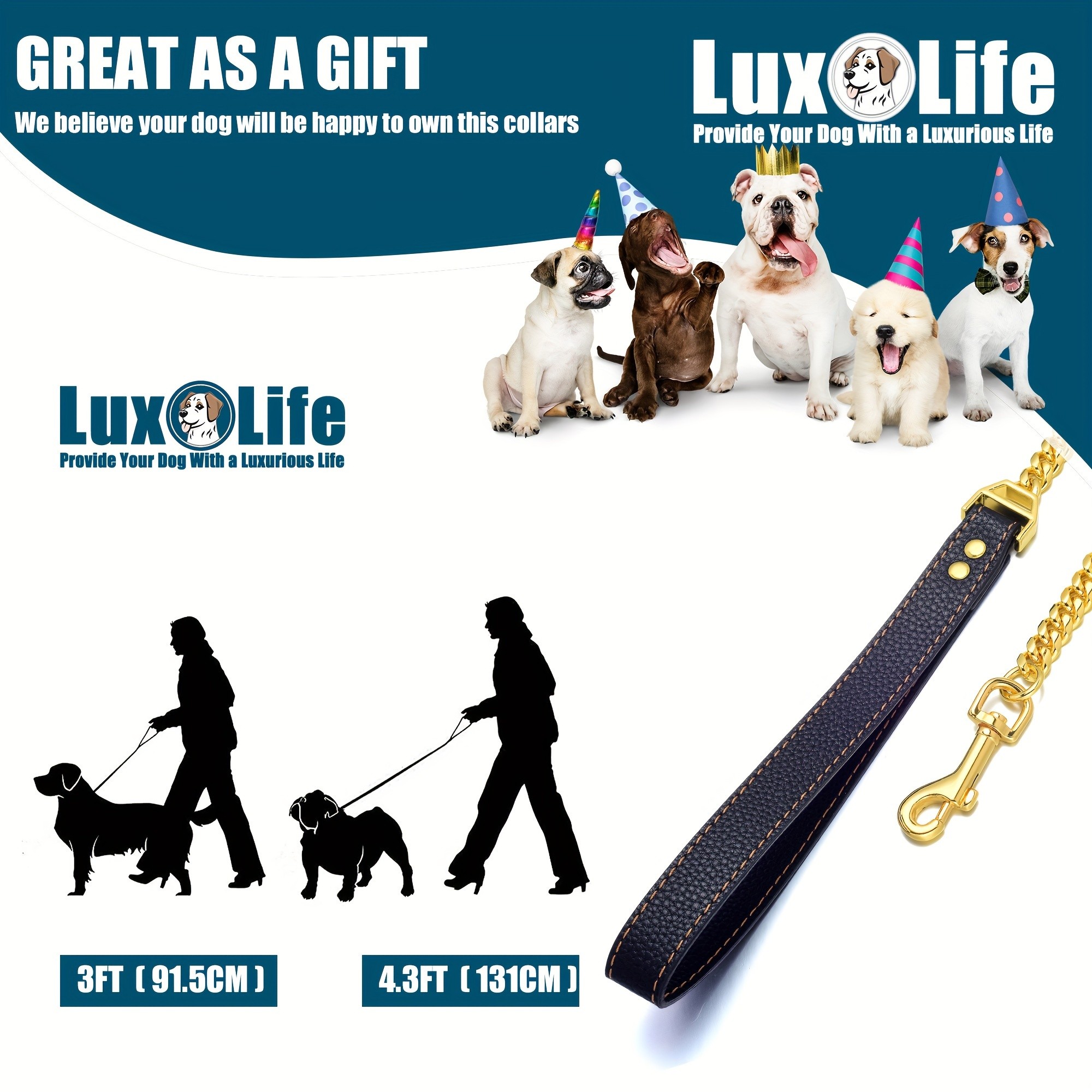 LUXLIFE Golden 12mm Dog Chain Leash