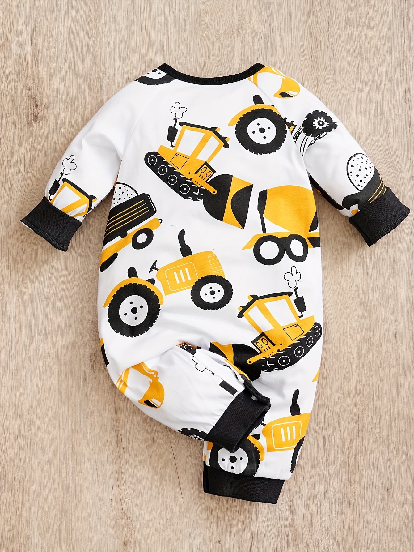 YIERYING Yellow Construction Vehicle Printed Long-Sleeve Onesie for Babies