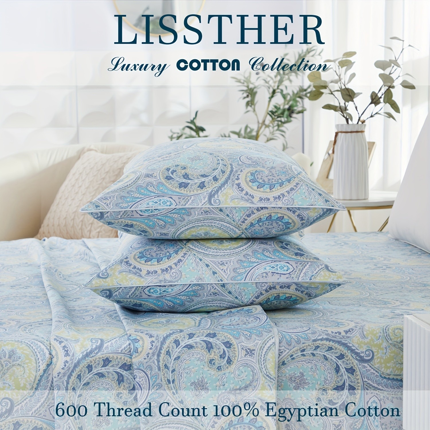 LISSTHER 3pcs 600 Thread Egyptian Cotton Duvet Cover Set