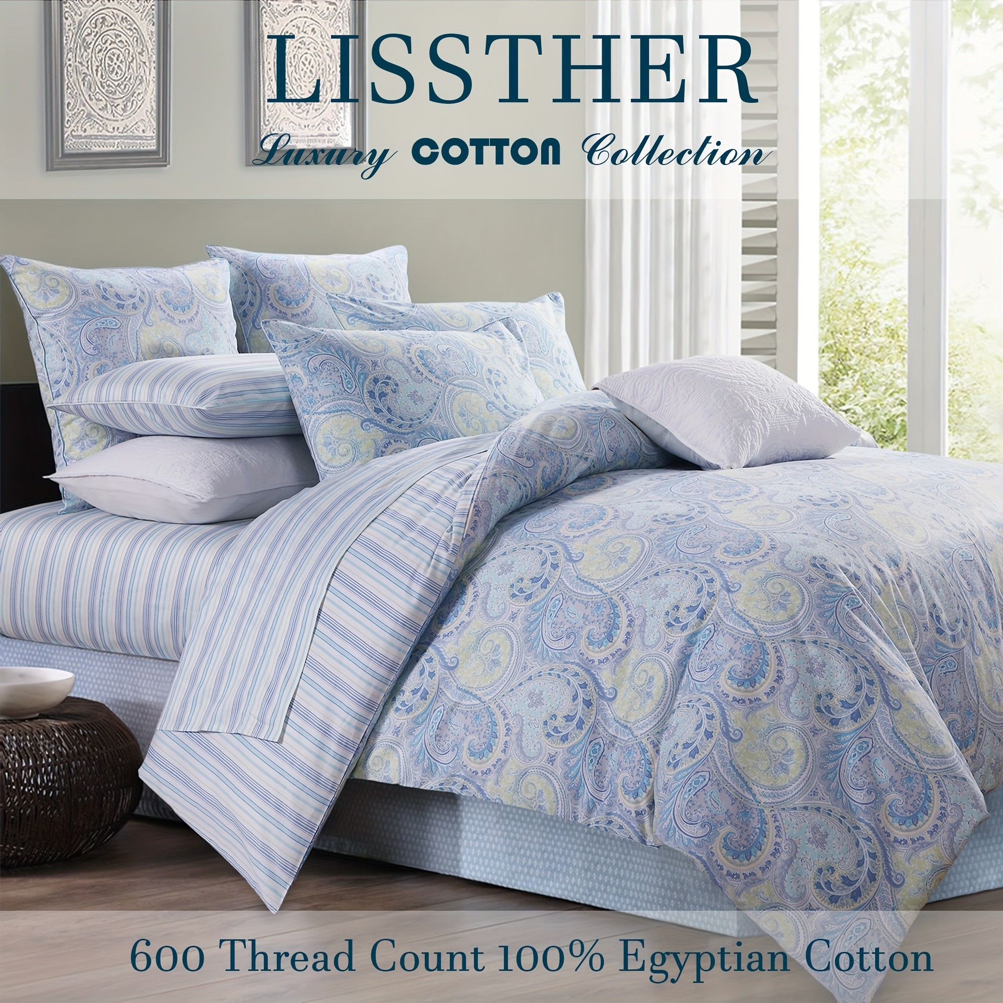 LISSTHER 3pcs 600 Thread Egyptian Cotton Duvet Cover Set