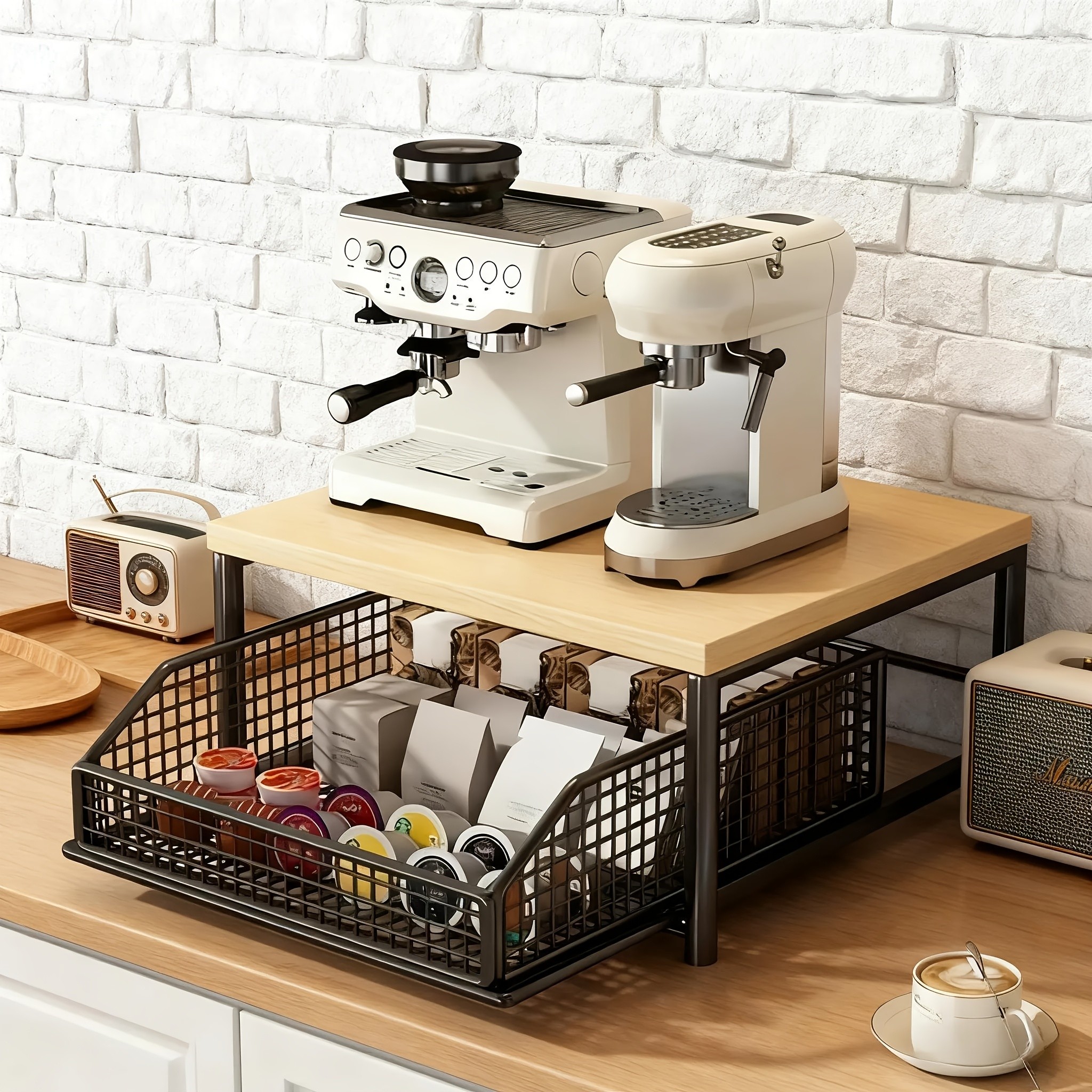 XHSGX Space-Saving Kitchen Countertop Organizer with Drawer & Wire Basket