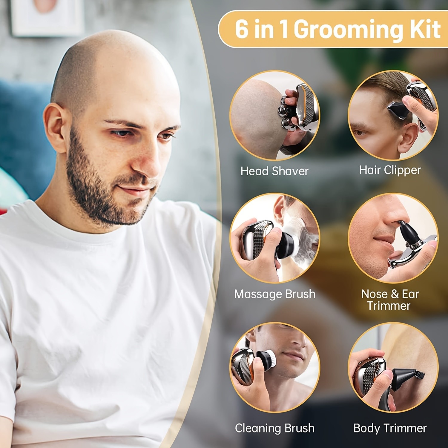 Men’s Electronic Head Shaver Razor: 6-in-1 Rechargeable Grooming Kit for Bald Heads, Beards, and Body Hair