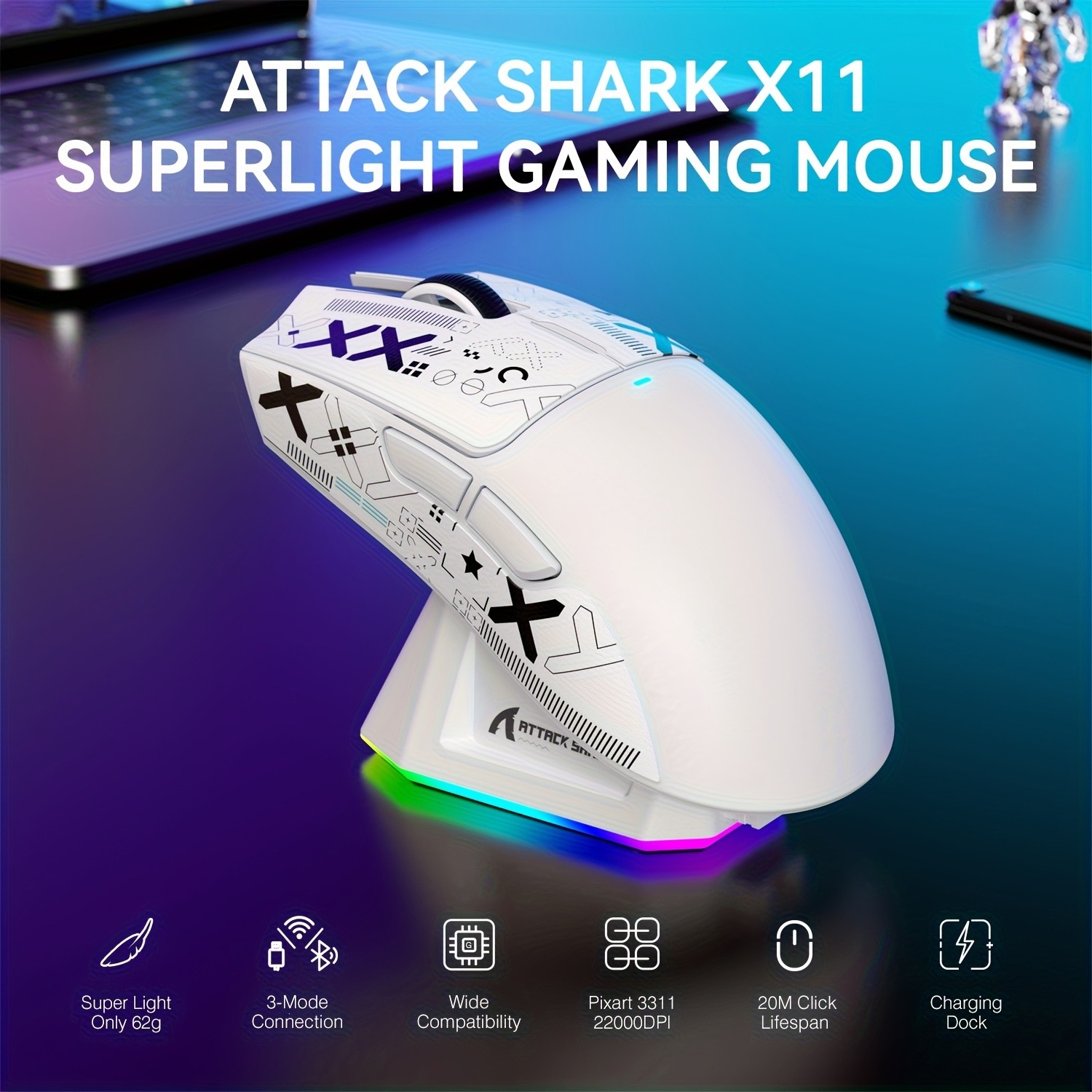 ATTACK SHARK X11 Gaming Mouse Compatible for Xbox/PS/Win11 with Magnetic Charging Dock, BT/2.4G/Wired Wireless Mouse, PixArt PAW3311 Sensor, 22000 DPI, Compatible with PS, Mac, PC, Office & Gaming (White)