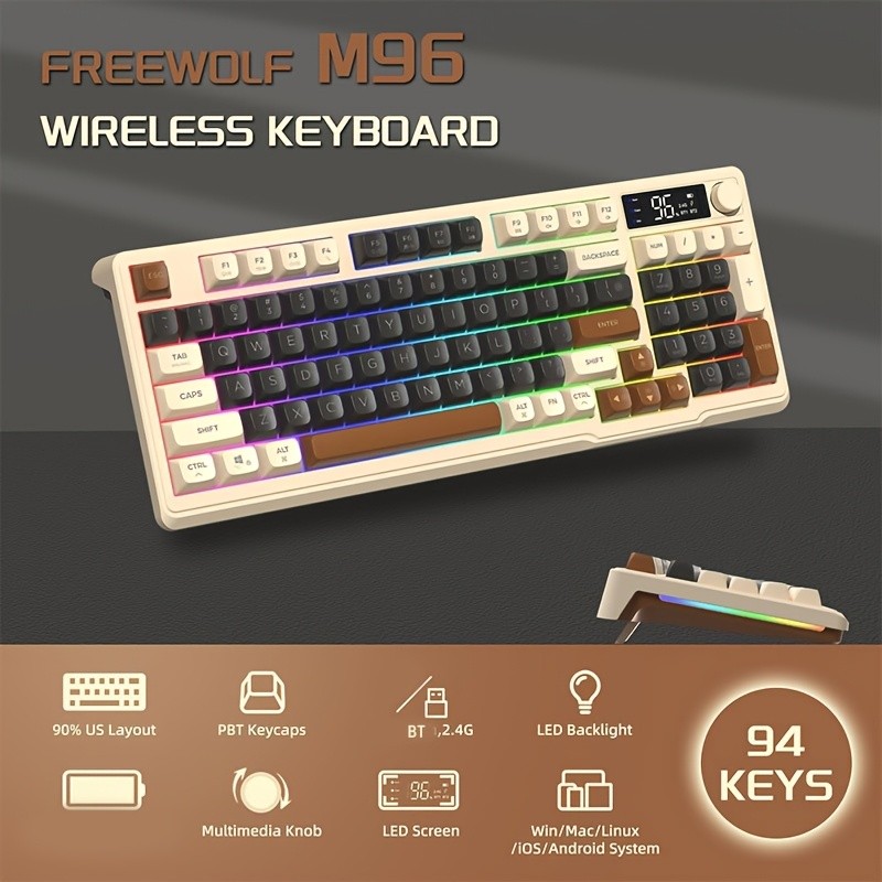 FREEWOLF M96 Wireless Membrane Gaming Keyboard – Features a Knob for Controlling Wireless/2.4G Wireless Mechanical Feel, RGB LED Backlighting with Display Screen, PBT Keycaps, US Keyboard Layout, and Compatible with Win/Mac