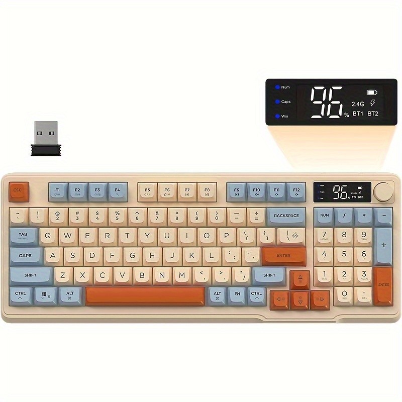 FREEWOLF M96 Wireless Membrane Gaming Keyboard – Features a Knob for Controlling Wireless/2.4G Wireless Mechanical Feel, RGB LED Backlighting with Display Screen, PBT Keycaps, US Keyboard Layout, and Compatible with Win/Mac