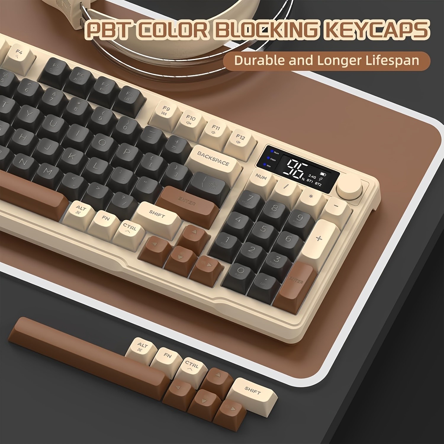 FREEWOLF M96 Wireless Membrane Gaming Keyboard – Features a Knob for Controlling Wireless/2.4G Wireless Mechanical Feel, RGB LED Backlighting with Display Screen, PBT Keycaps, US Keyboard Layout, and Compatible with Win/Mac