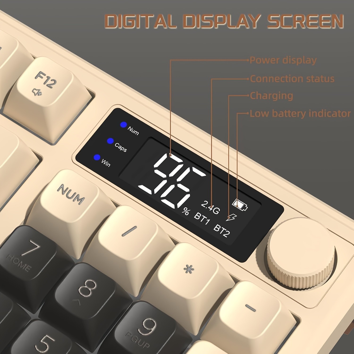 FREEWOLF M96 Wireless Membrane Gaming Keyboard – Features a Knob for Controlling Wireless/2.4G Wireless Mechanical Feel, RGB LED Backlighting with Display Screen, PBT Keycaps, US Keyboard Layout, and Compatible with Win/Mac