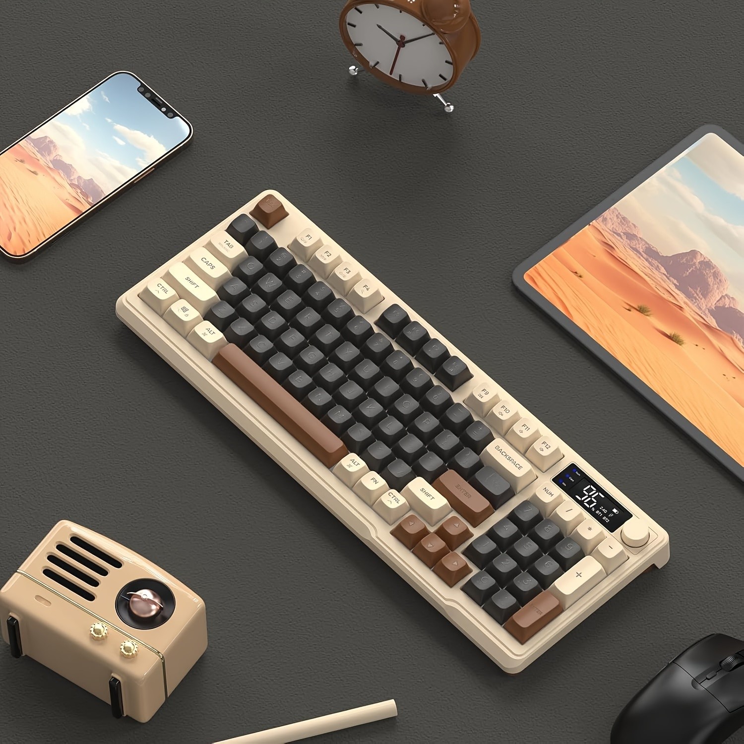 FREEWOLF M96 Wireless Membrane Gaming Keyboard – Features a Knob for Controlling Wireless/2.4G Wireless Mechanical Feel, RGB LED Backlighting with Display Screen, PBT Keycaps, US Keyboard Layout, and Compatible with Win/Mac