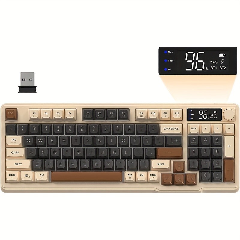 FREEWOLF M96 Wireless Membrane Gaming Keyboard – Features a Knob for Controlling Wireless/2.4G Wireless Mechanical Feel, RGB LED Backlighting with Display Screen, PBT Keycaps, US Keyboard Layout, and Compatible with Win/Mac