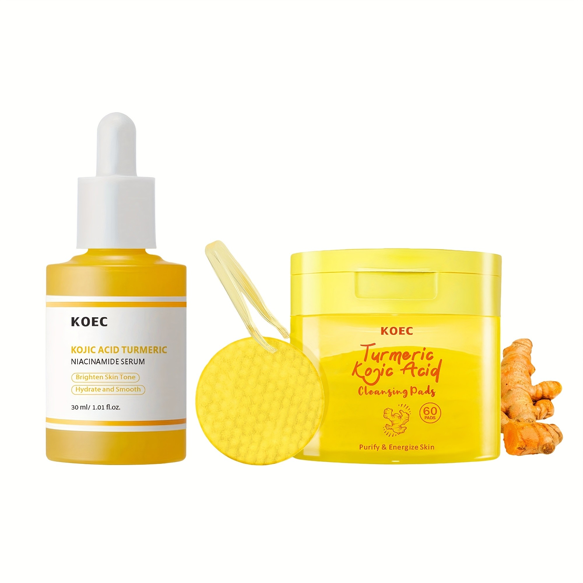 KOEC Kojic Acid Turmeric Niacinamide Serum & Cleansing Pads Set – Skin Brightening and Hydration