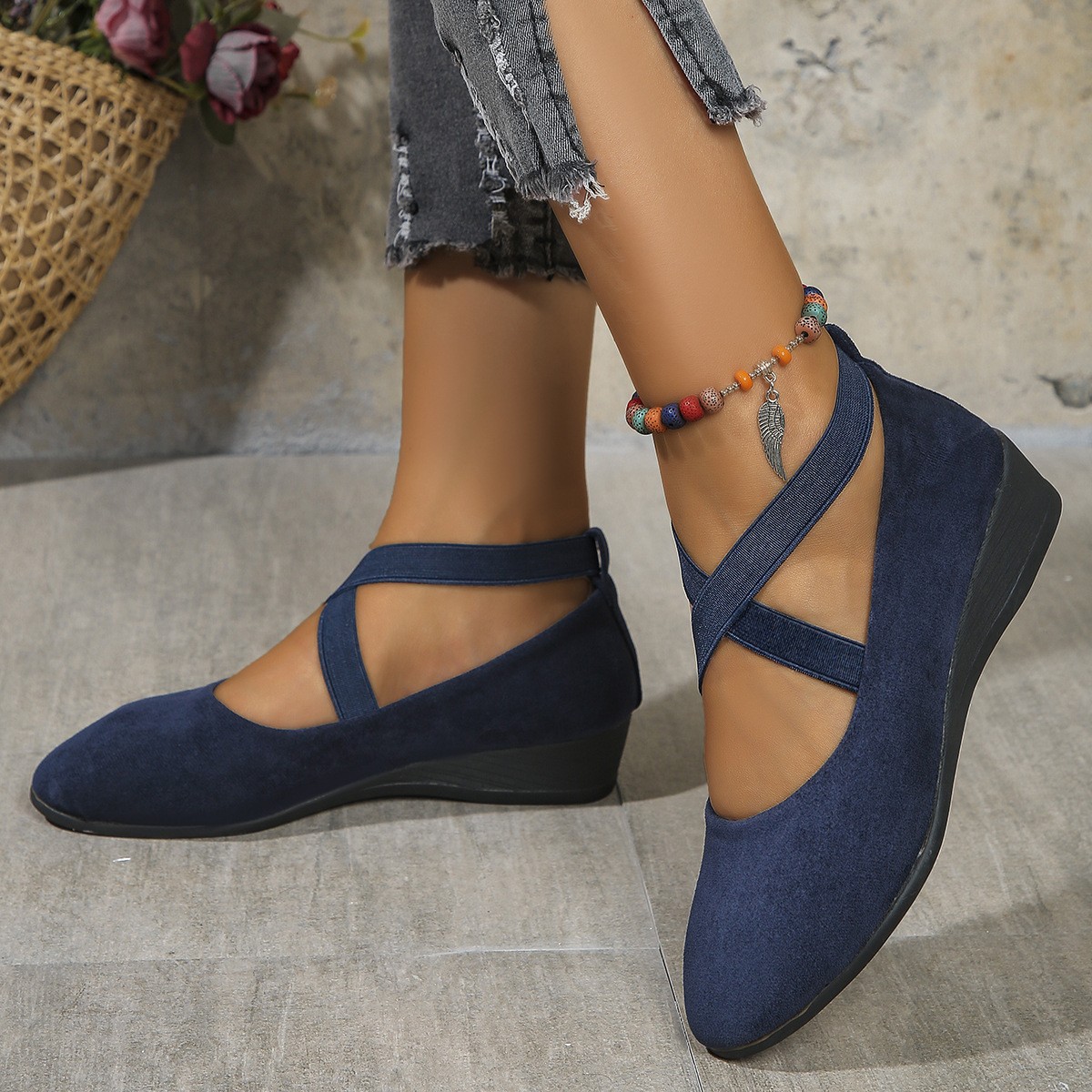 Comfy Elastic Crisscross Strap Wedge Slip-On Shoes
