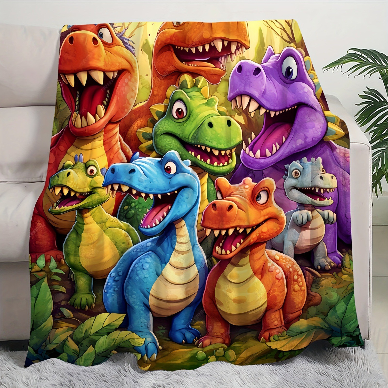 Cute Dinosaurs HD Digital Print Flannel Blanket