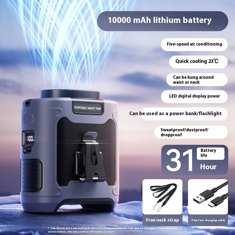 3-in-1 Waist Fan with Flashlight & Powerbank