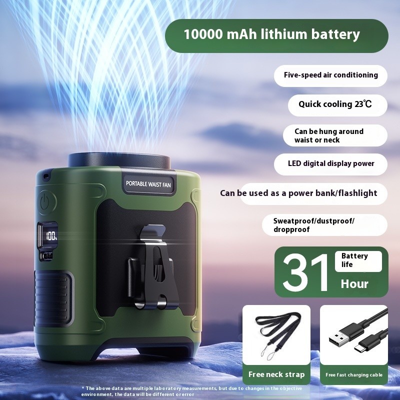 3-in-1 Waist Fan with Flashlight & Powerbank