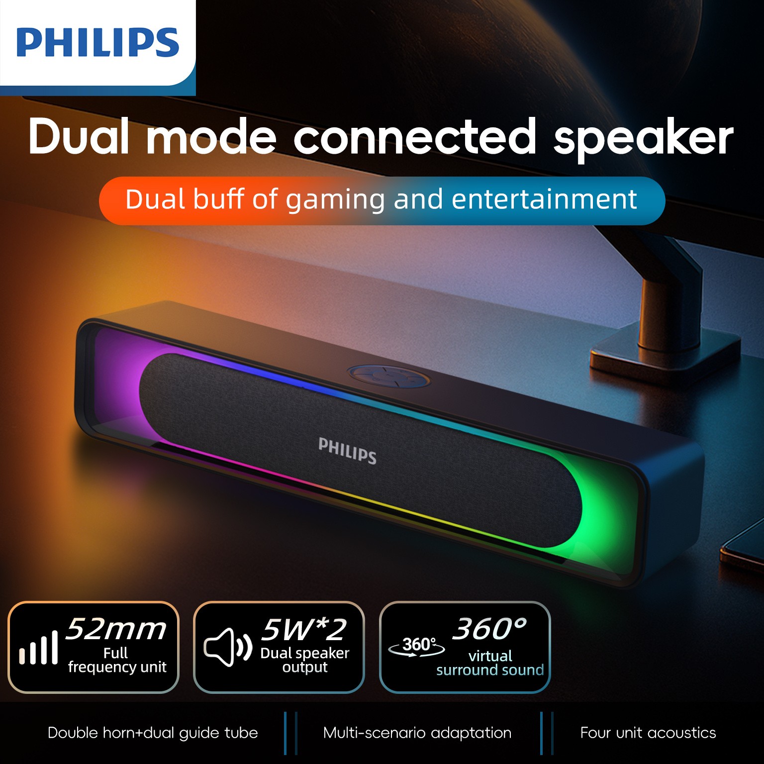 Philips Wired BT 5.3 Gaming Speaker — RGB Desktop Soundbar for Immersive Gaming Audio