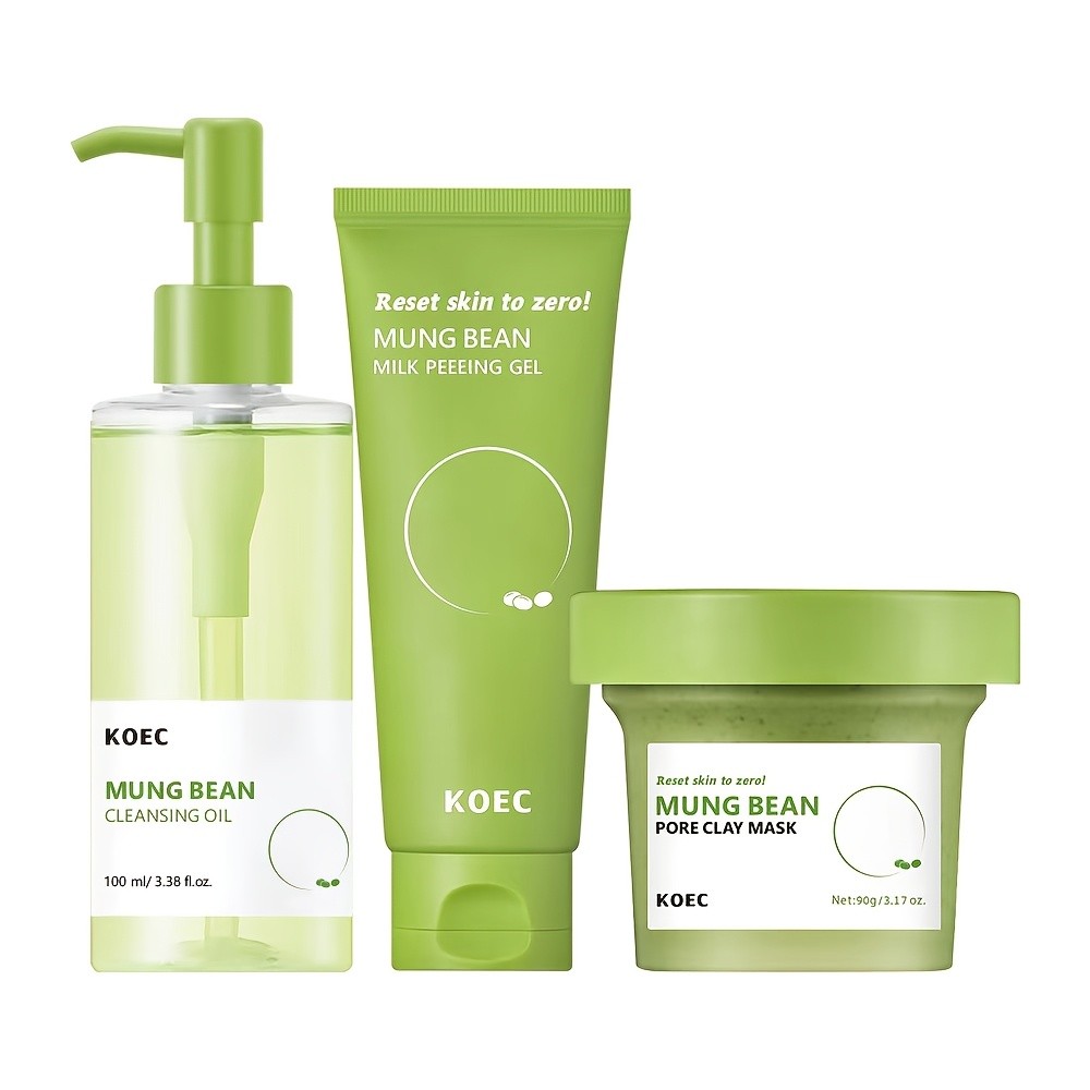 KOEC Mung Bean Skincare Set — Cleansing Oil + Milk Peeling Gel + Pore Clay Mask (3-Step Pore & Texture Routine)