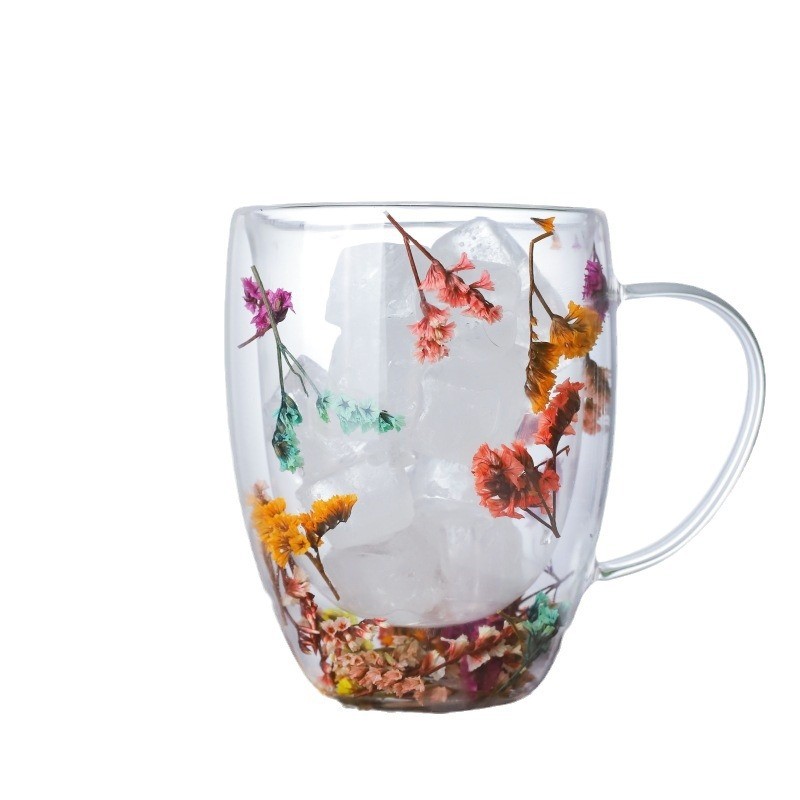 Double Wall Glass Coffee Cup with Dry Flower