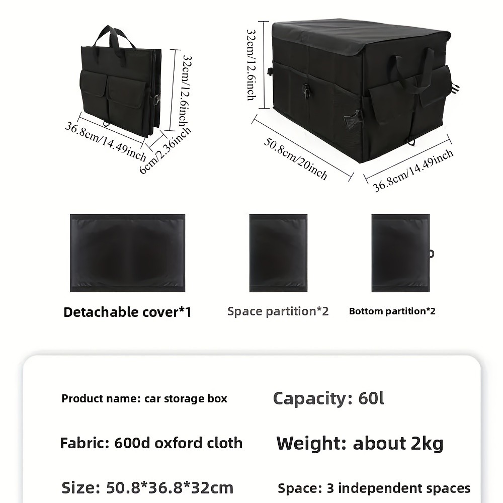 60L Heavy-Duty Foldable Car Trunk Organizer with Lid and Dividers