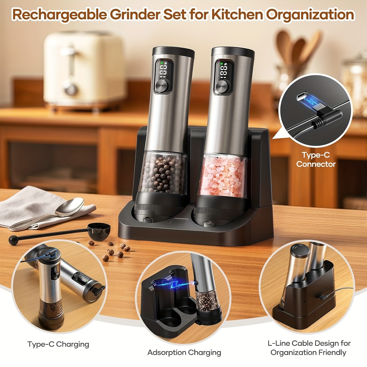 2-Pack Electric Salt and Pepper Grinder Set
