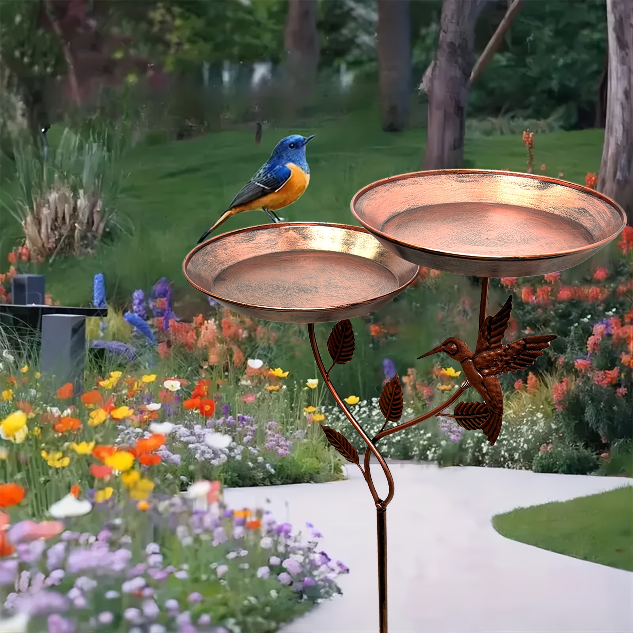 Iron Bird Bath Bowl with 3-Claw Base Post and Decorative Bird Feeders