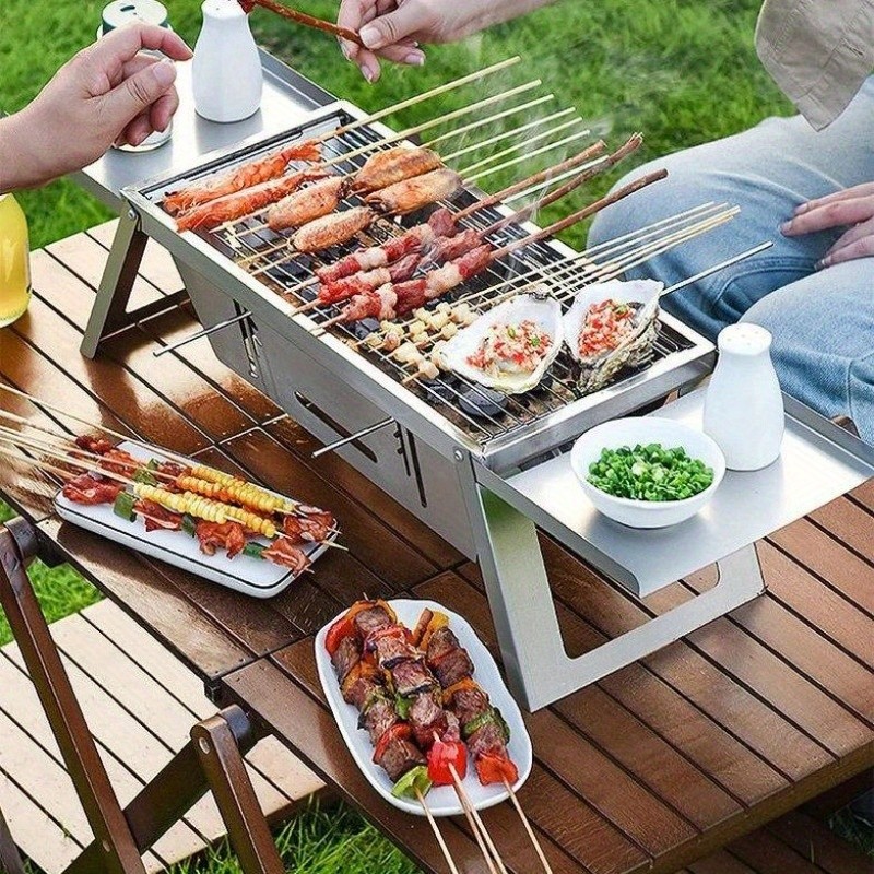 Portable Stainless Steel Charcoal Grill – Foldable, Polished Finish with Carry Bag