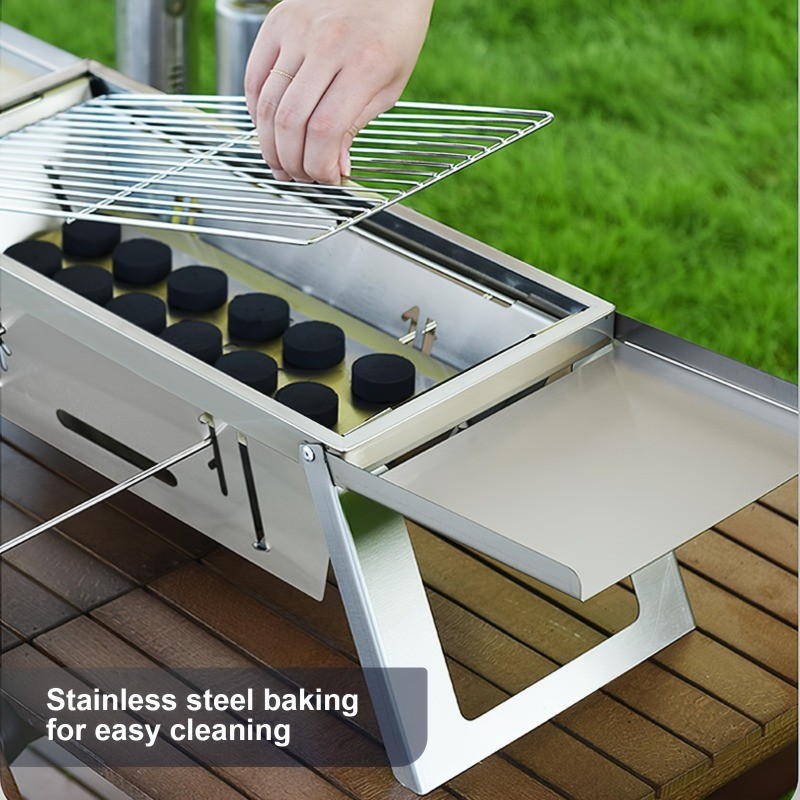 Portable Stainless Steel Charcoal Grill – Foldable, Polished Finish with Carry Bag