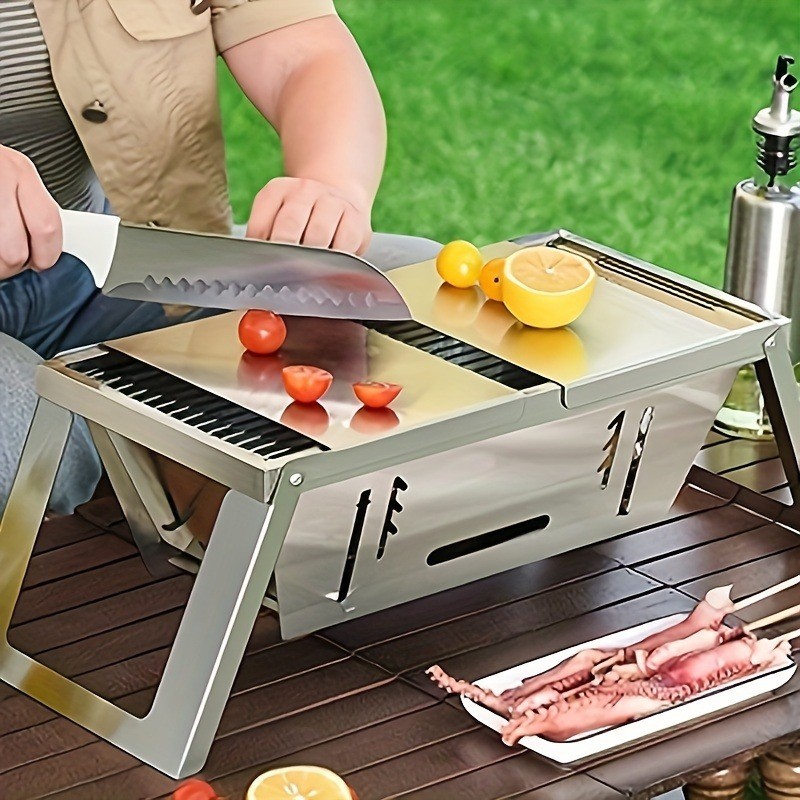 Portable Stainless Steel Charcoal Grill – Foldable, Polished Finish with Carry Bag