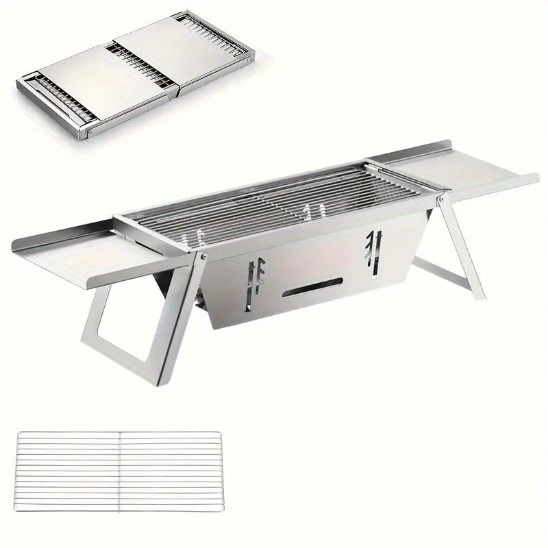 Portable Stainless Steel Charcoal Grill – Foldable, Polished Finish with Carry Bag