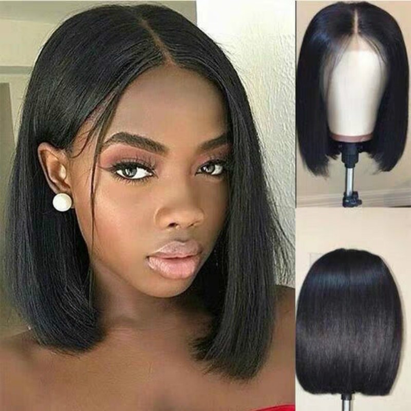 Straight Lace Front Bob Wig – 100% Human Hair, Natural Middle Part