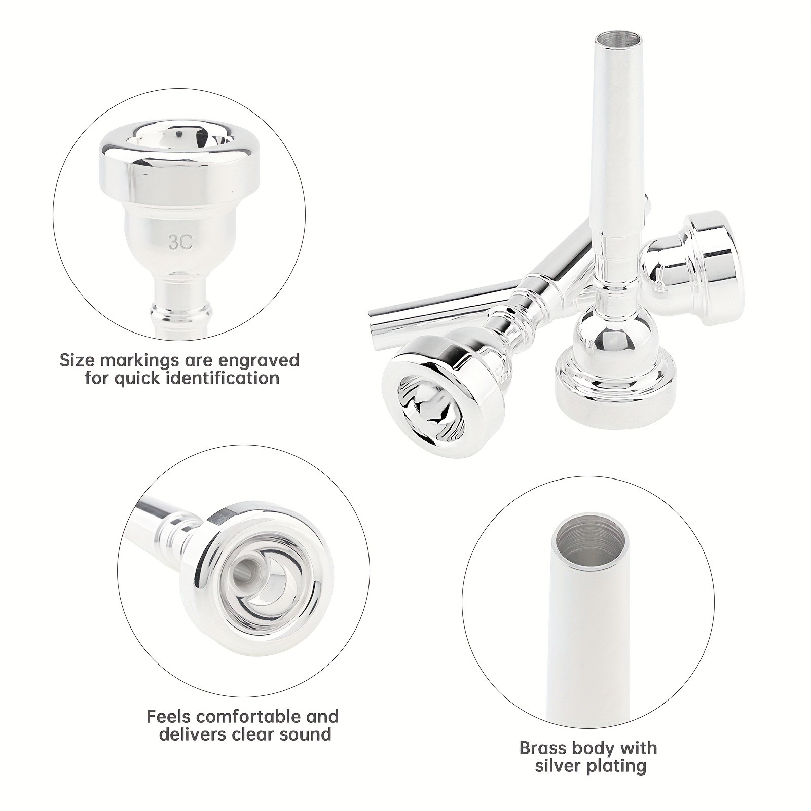 Set of 3 Silver-Plated Brass Trumpet Mouthpieces (Models 7C/5C/3C)