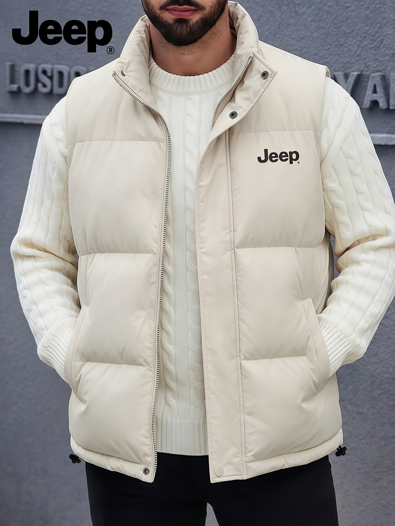 Jeep Men’s Stand Collar Vest – Thick Warm Fleece-Lined Jacket for Fall with Pockets